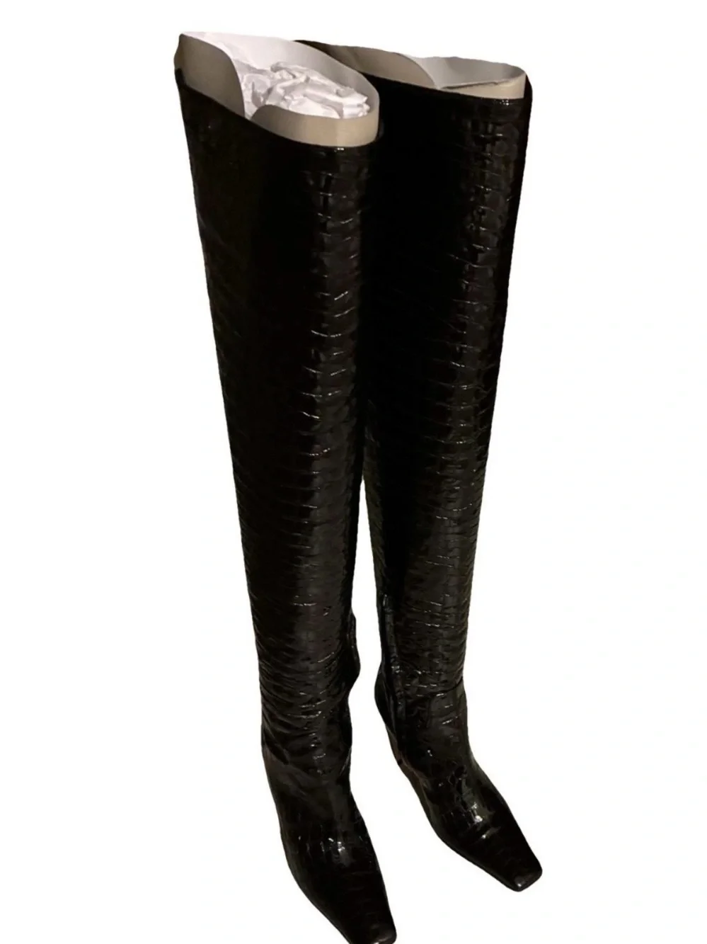 KHAITE Black Croc-Embossed Marfa Over-the-Knee Boots